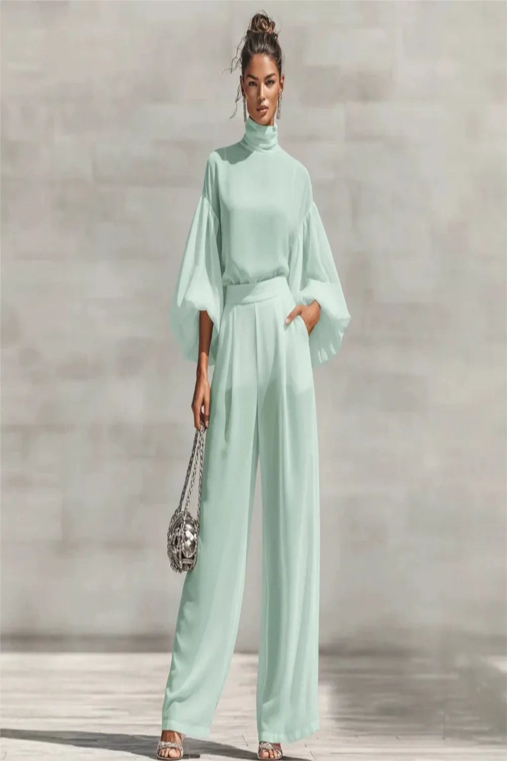 Chiffon High-Neck Lantern Sleeves & Wide Leg Pants Set