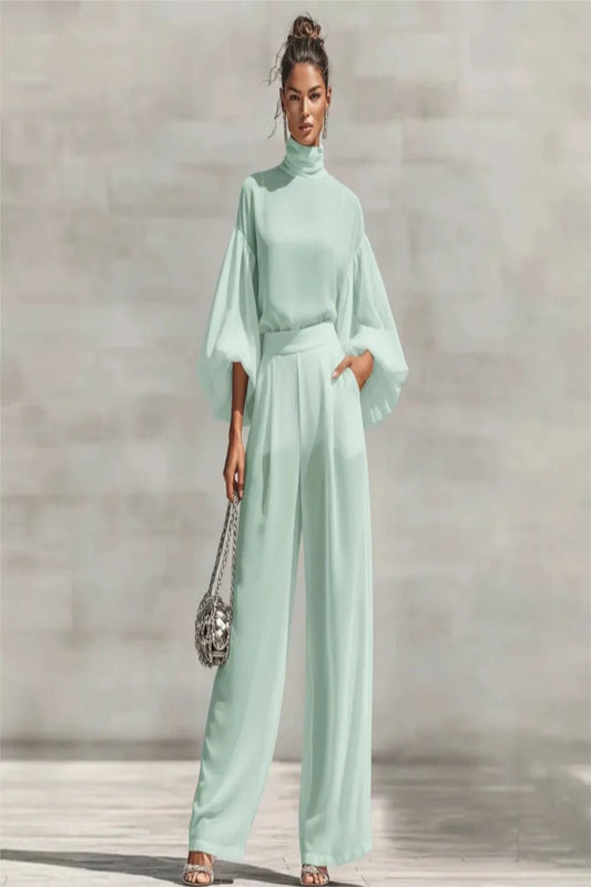 Chiffon High-Neck Lantern Sleeves & Wide Leg Pants Set