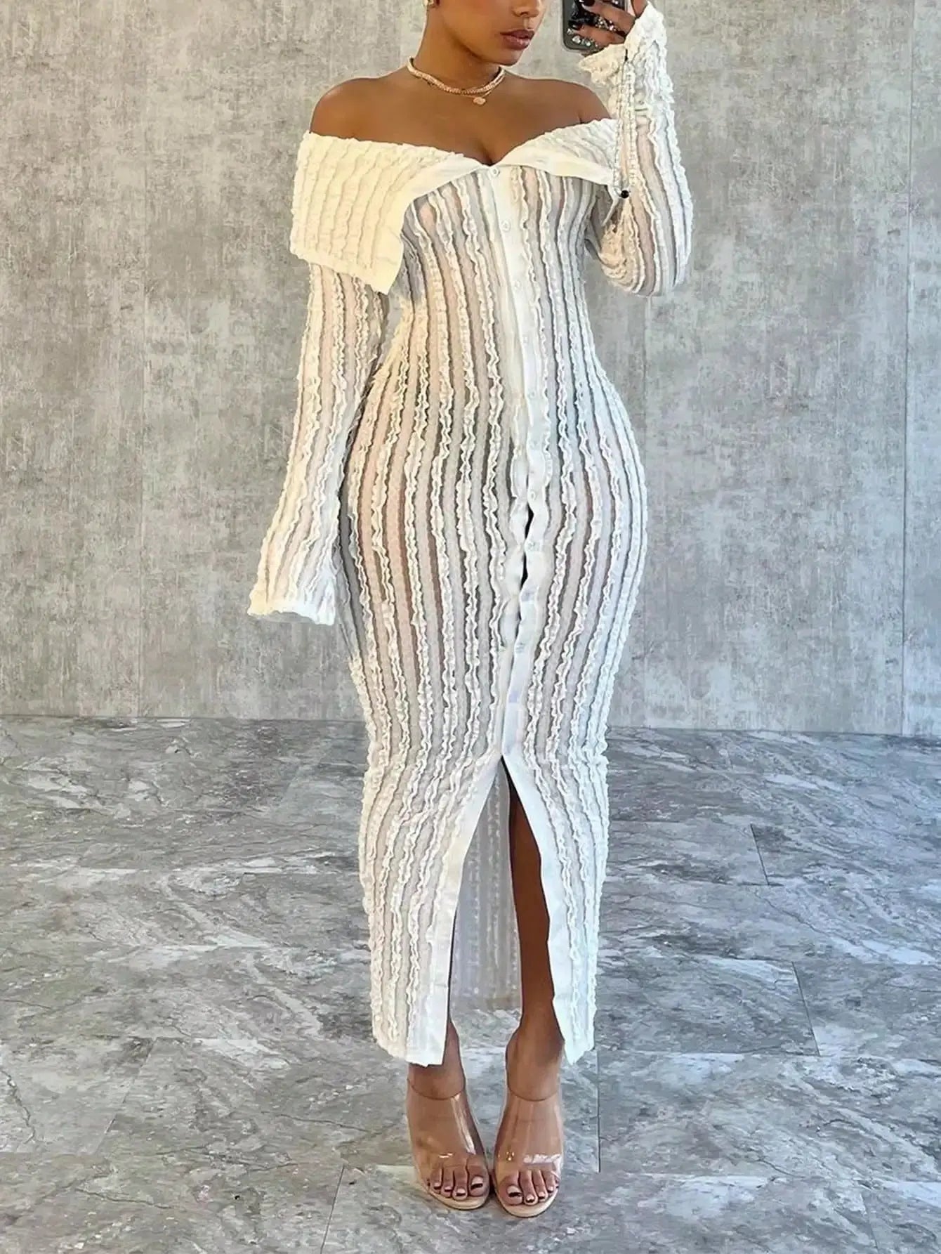Women Elegant Off Shoulder Dress Long Sleeve Button Down High Split Bodycon Dress Prom Evening Party Toshe Women's Fashions