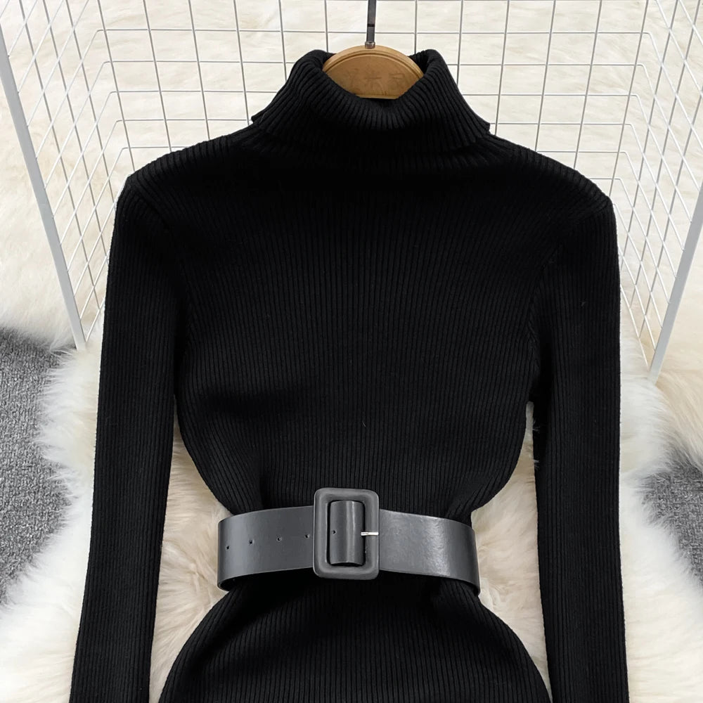 Knitted Turtleneck Sweater Bodycon Dress with Belt