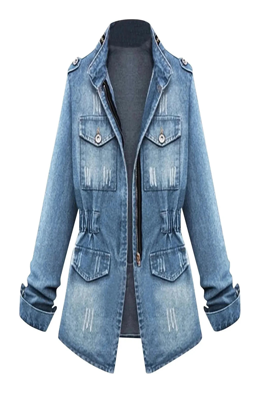 Denim Distressed Pocketed Jacket Toshe Women's Fashions