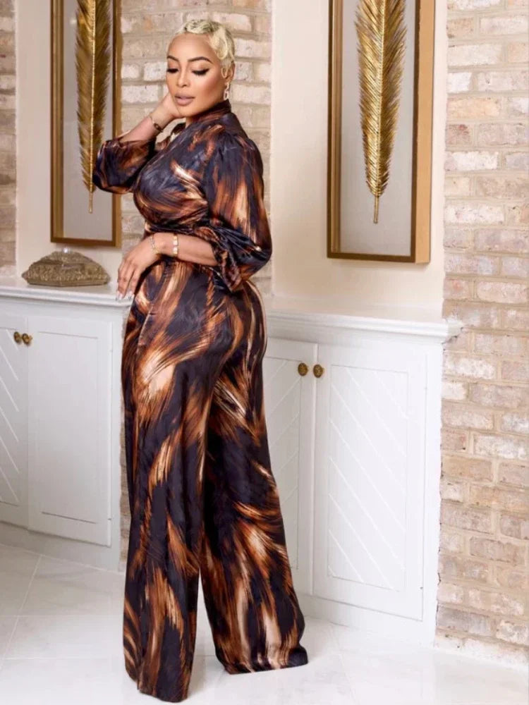 Tie Dye Printed Wrap Blouse and Wide Leg Pants Sets - Toshe Women's Fashions