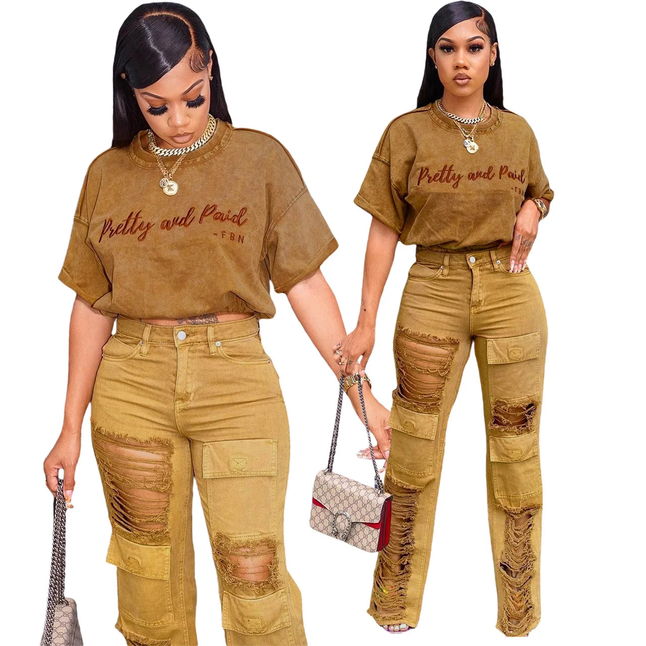 Pretty and Paid T-shirt and Distressed Cargo Denim Pants Set - Toshe Women's Fashions