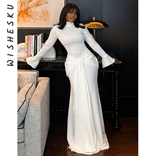 White Trumpet Sleeve Draped Maxi Dress