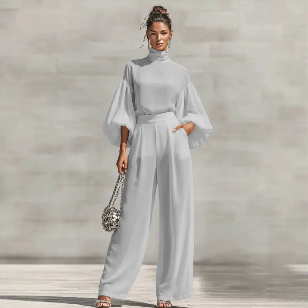 Chiffon High-Neck Lantern Sleeves & Wide Leg Pants Set
