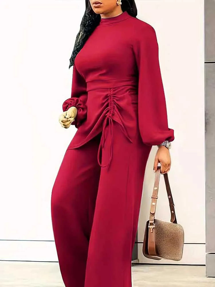 Front Side Tie Lantern Sleeve Top and Wide Leg Pants Set