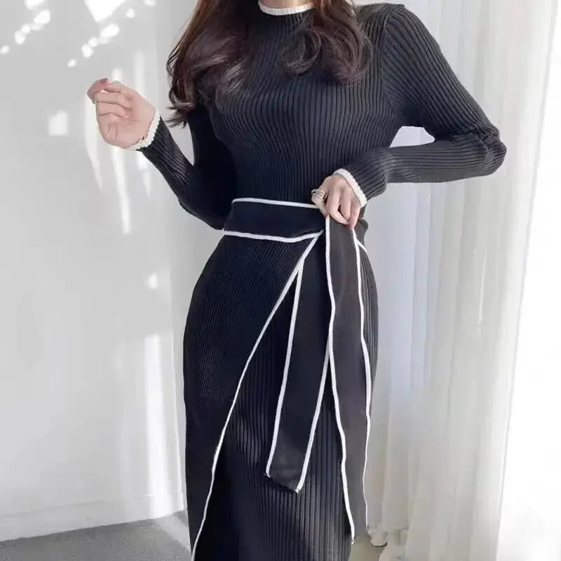 Knitted Bodycon Dress  Autumn Winter Half High Collar Lace Up Elegant Sweater Dresses aliexpress