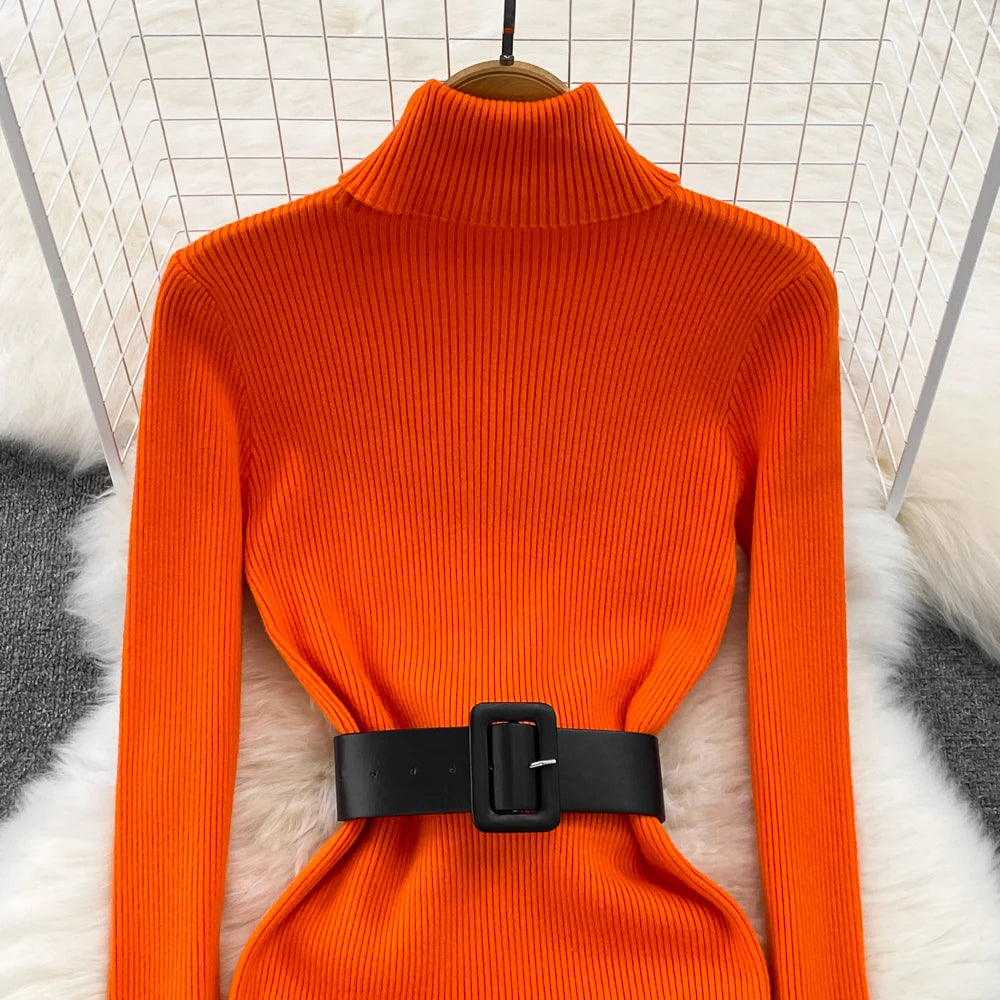 Knitted Turtleneck Sweater Bodycon Dress with Belt