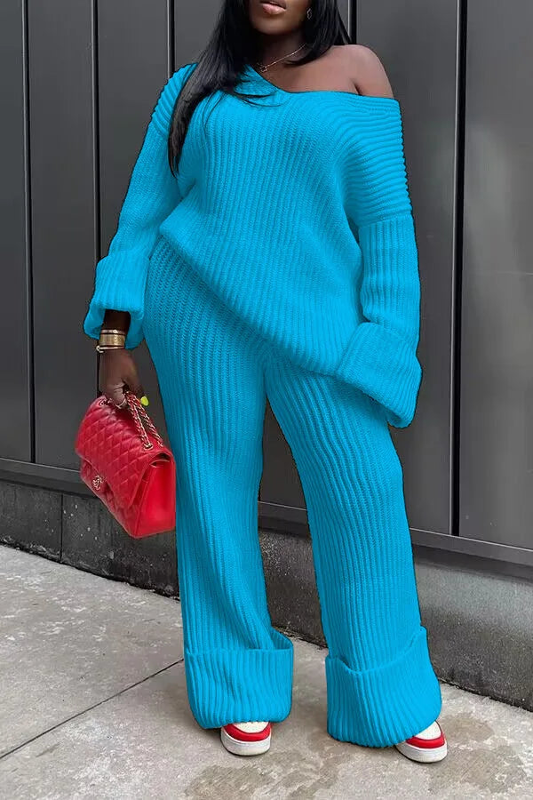 Off Shoulder Knitted Sweater and Loose Cuff Hem Pants