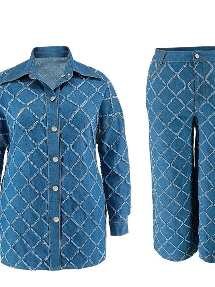Diamond Detail Buttoned Long Sleeve & Denim Pants Set