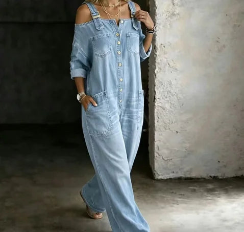 Off Shoulder Denim Wide Leg Jumpsuit w/Pockets