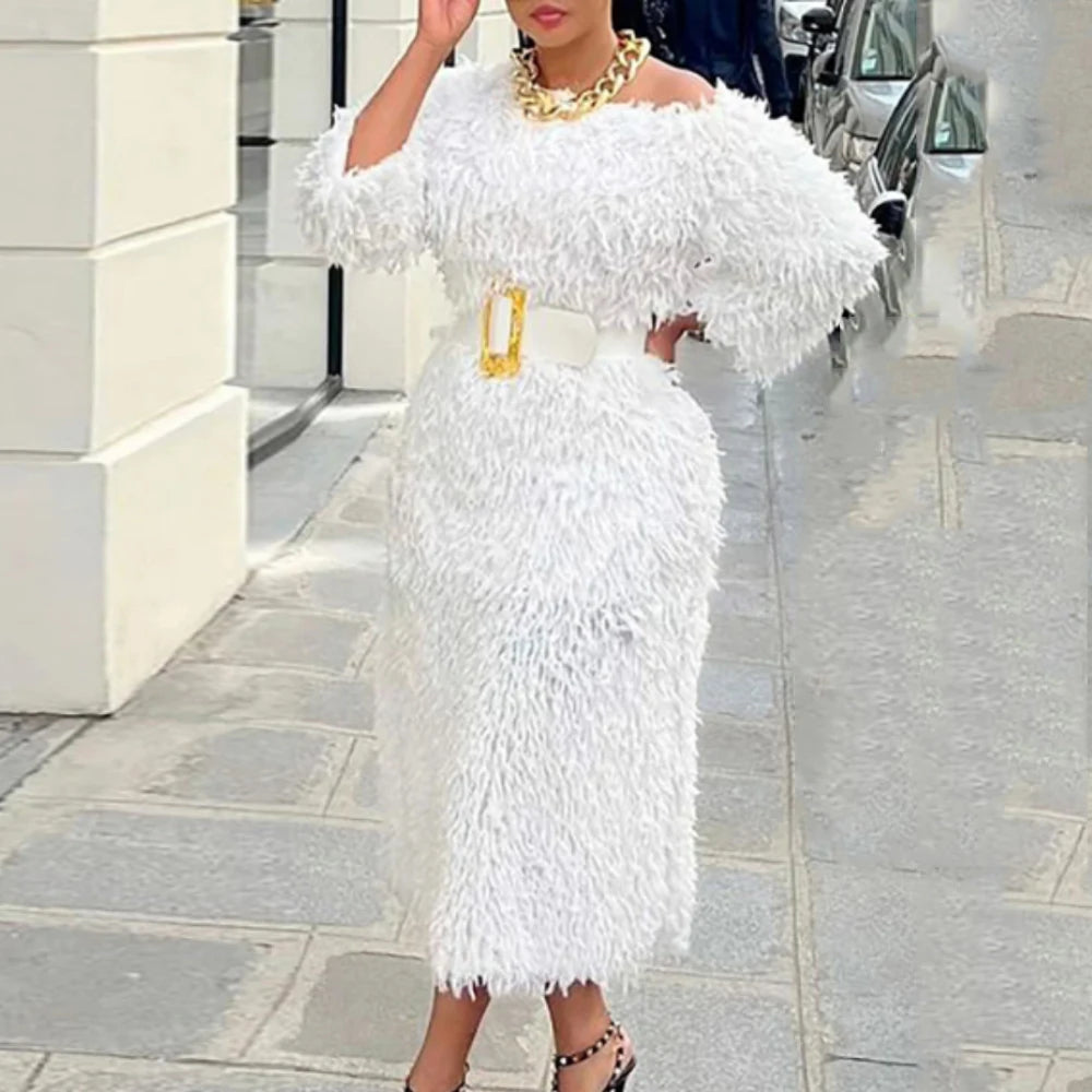 White Fur Dresses 3/4 Sleeves Tassel Elegant Fluffy Midi Dress with Belt - Toshe Women's Fashions