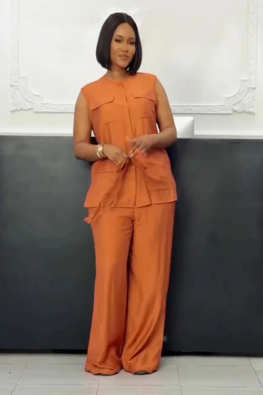 Pocket Detail Sleeveless Cardigan Vest & Wide Leg Pant Set