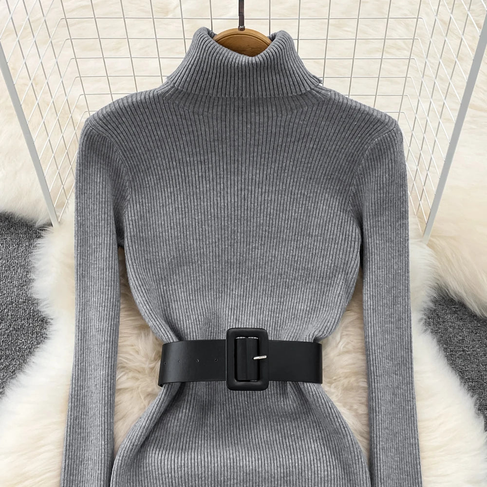 Knitted Turtleneck Sweater Bodycon Dress with Belt