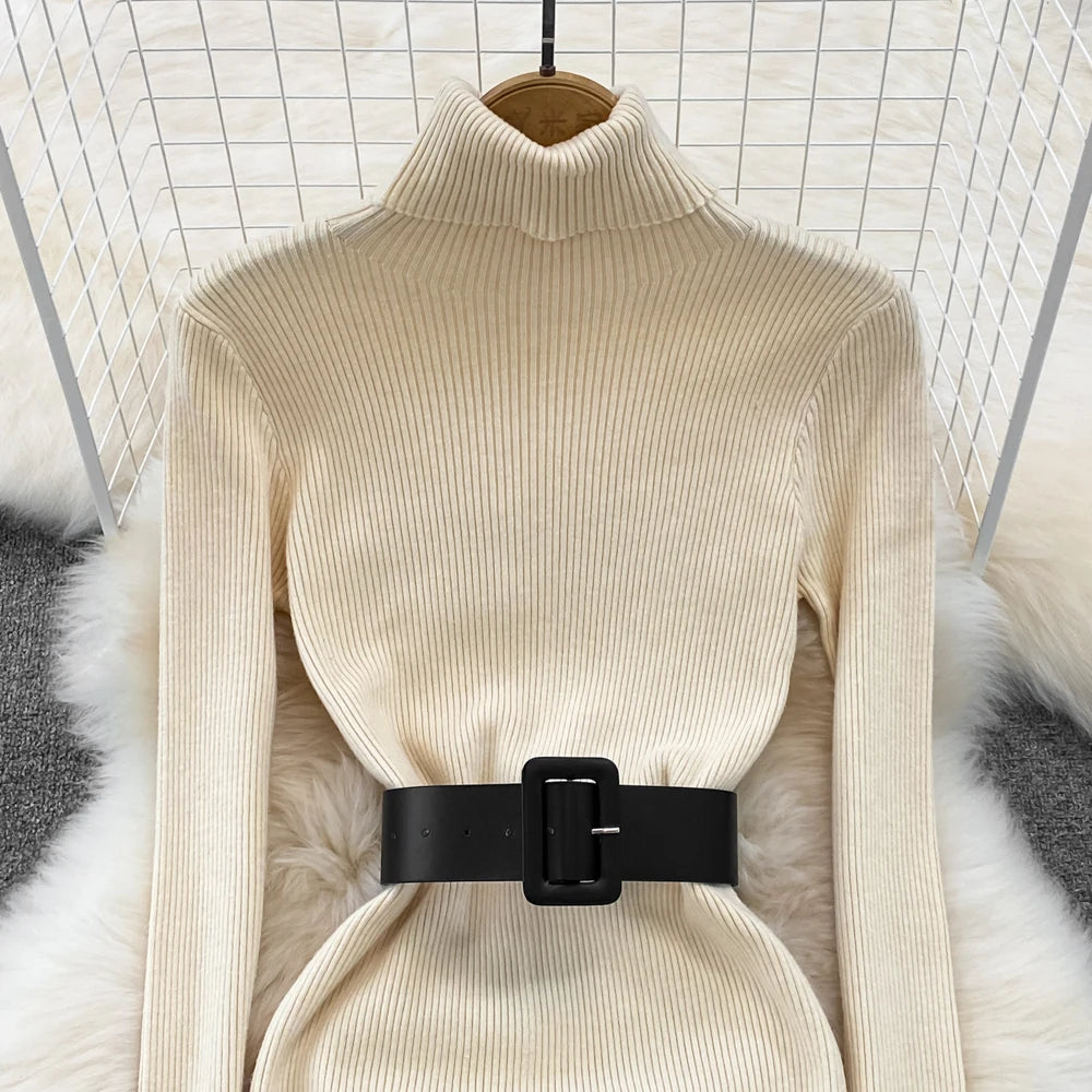 Knitted Turtleneck Sweater Bodycon Dress with Belt