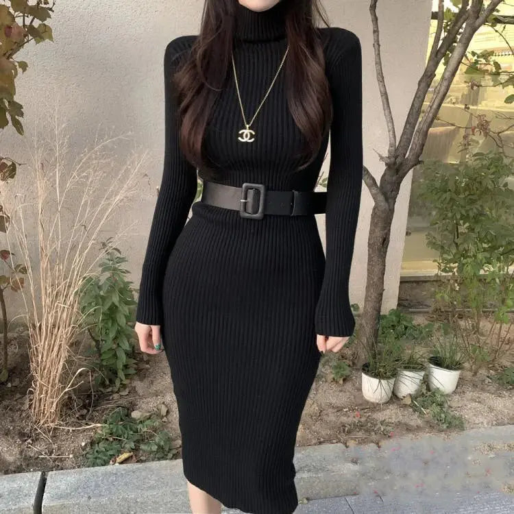 Knitted Turtleneck Sweater Bodycon Dress With Belt Toshe Women's Fashions