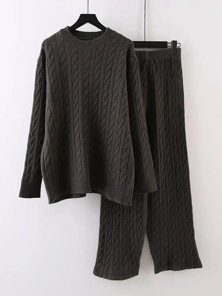 Knit Rib Loose Pullover and Wide Legs Pants Sweater Set - Toshe Women's Fashions