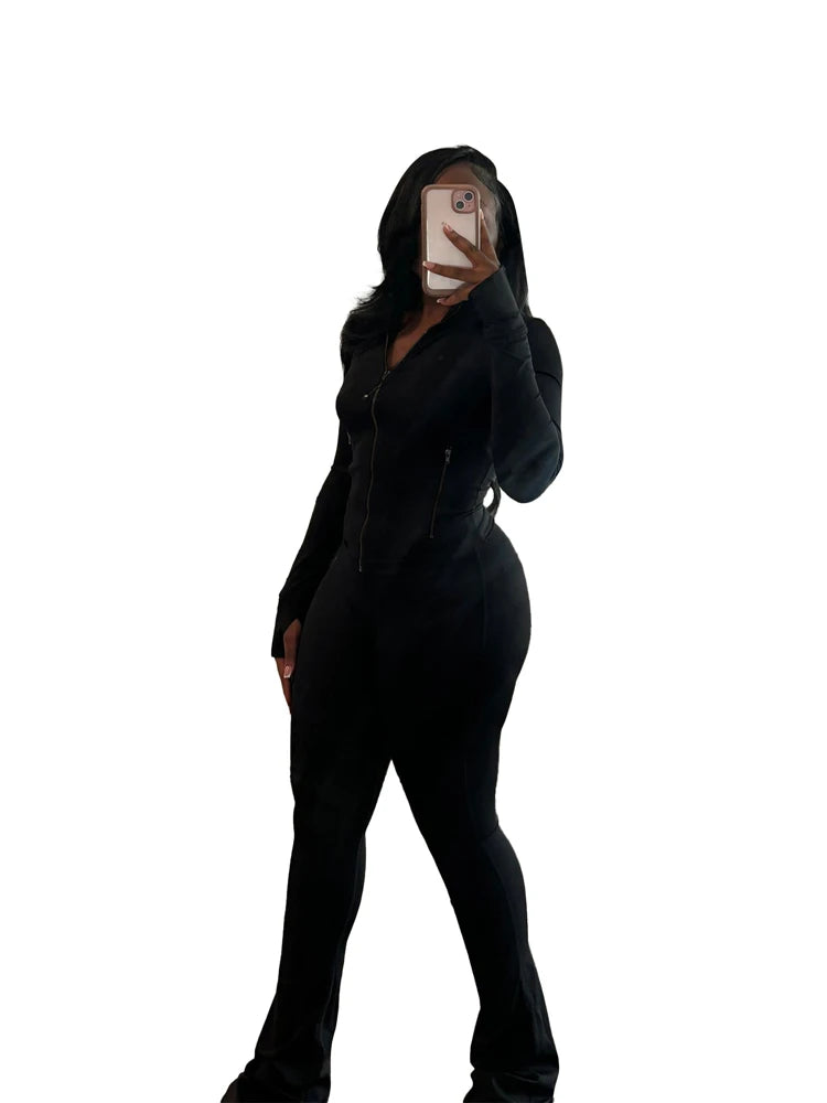 Mock Neck Zipper Fitted Top & Flared Pants Set – Sleek 2-Piece Athletic Lounge Outfit