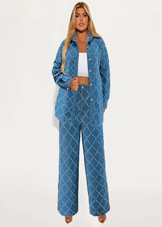 Diamond Detail Buttoned Long Sleeve & Denim Pants Set