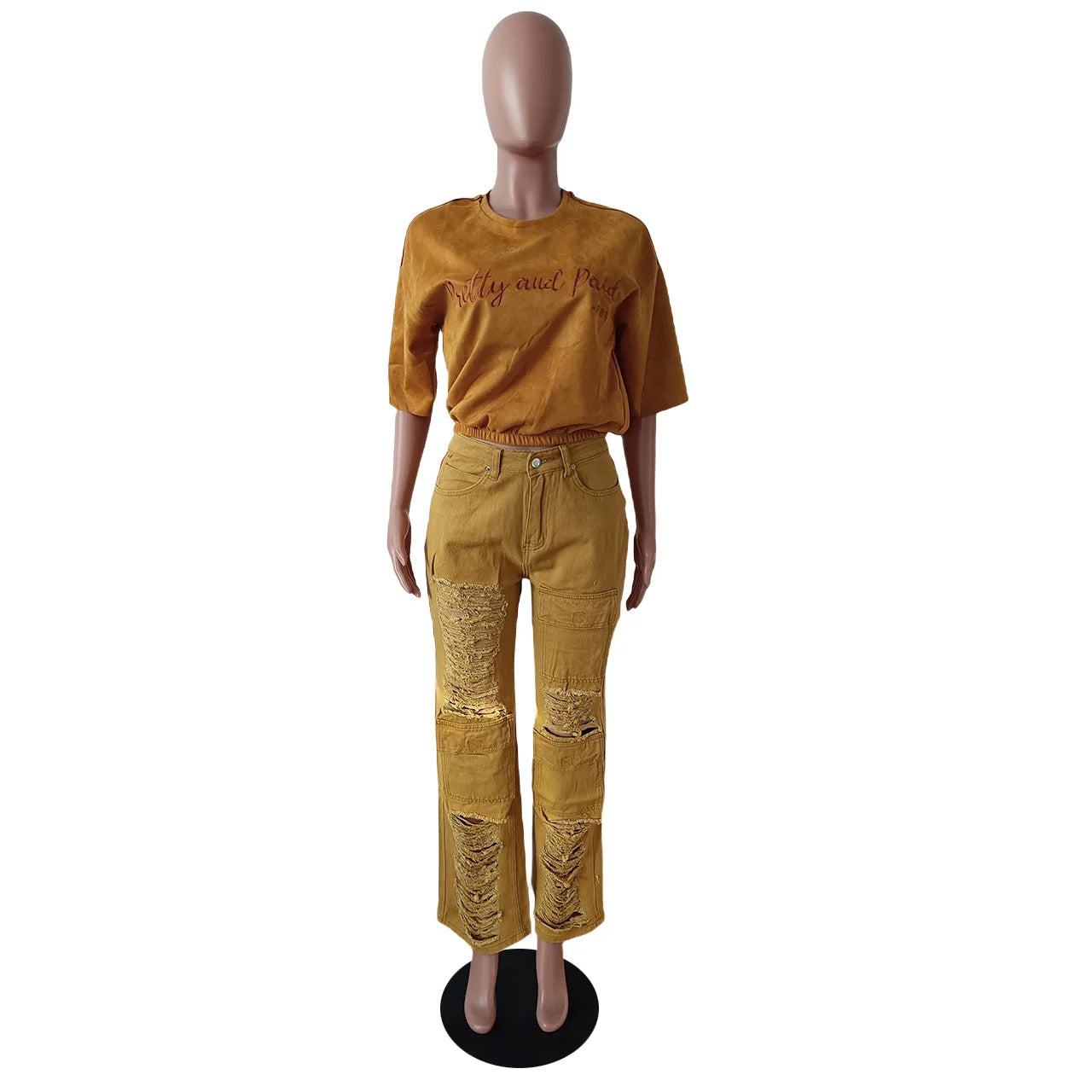 Pretty and Paid T-shirt and Distressed Cargo Denim Pants Set - Toshe Women's Fashions