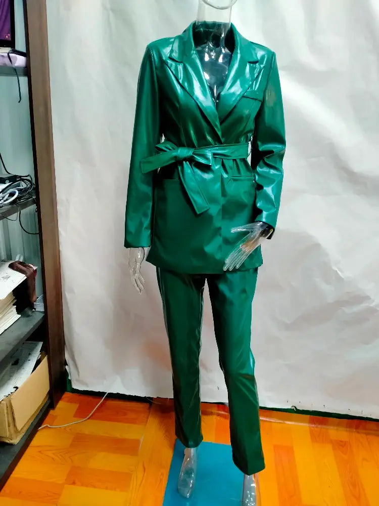 Dark Green Faux Leather Jacket and Pants Suit Toshe Women's Fashions