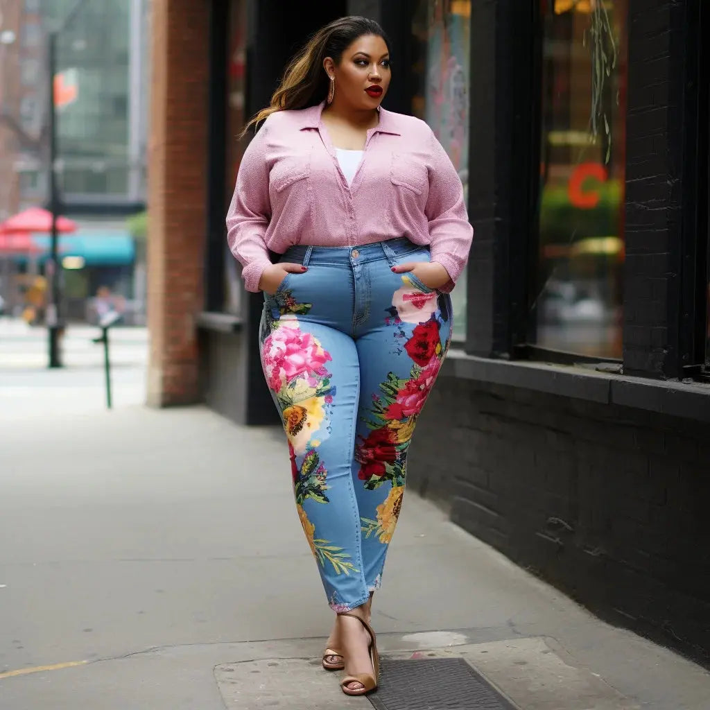 Plus Size   Jeans Casual Fashion Blue Flower Print aliexpress