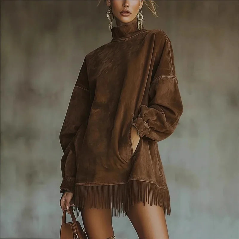 Retro Faux Suede Tassel High Collar Dress – Chic Western-Inspired Fringe Mini Dress