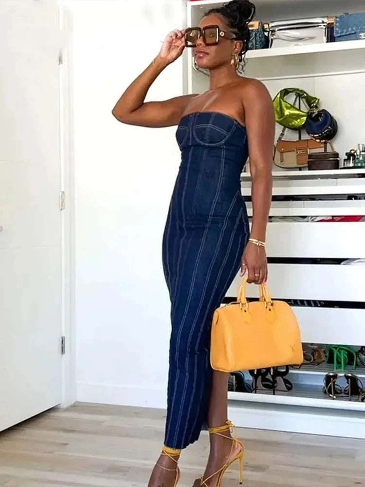 Stitched Denim Tube Top Dress