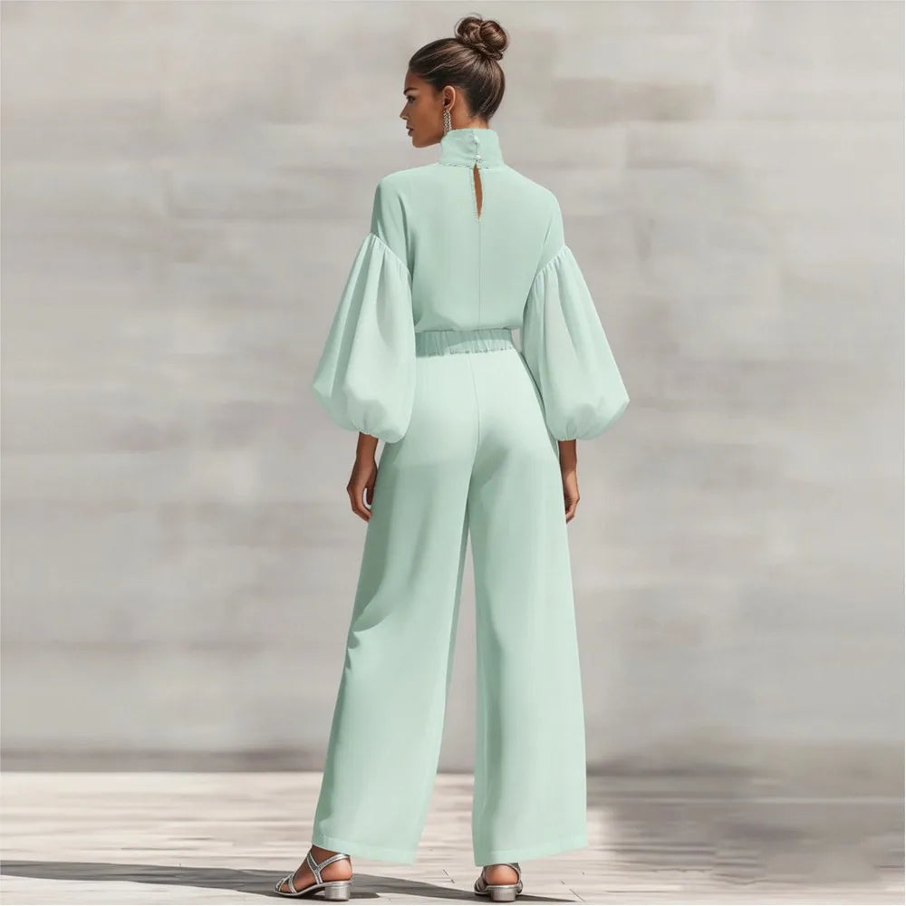 Chiffon High-Neck Lantern Sleeves & Wide Leg Pants Set