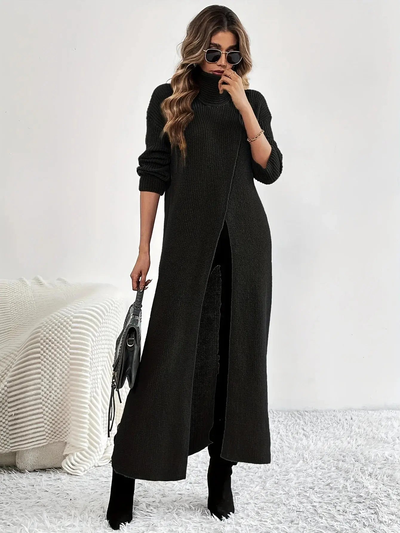 Knit Turtleneck Split Hem Maxi Dress Toshe Women's Fashions