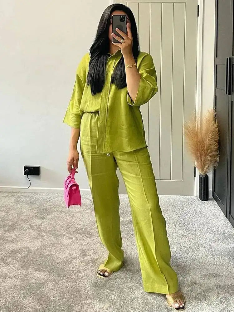 Linen Collared Single-Breasted Shirt & Pocketed Wide Leg Pant Set