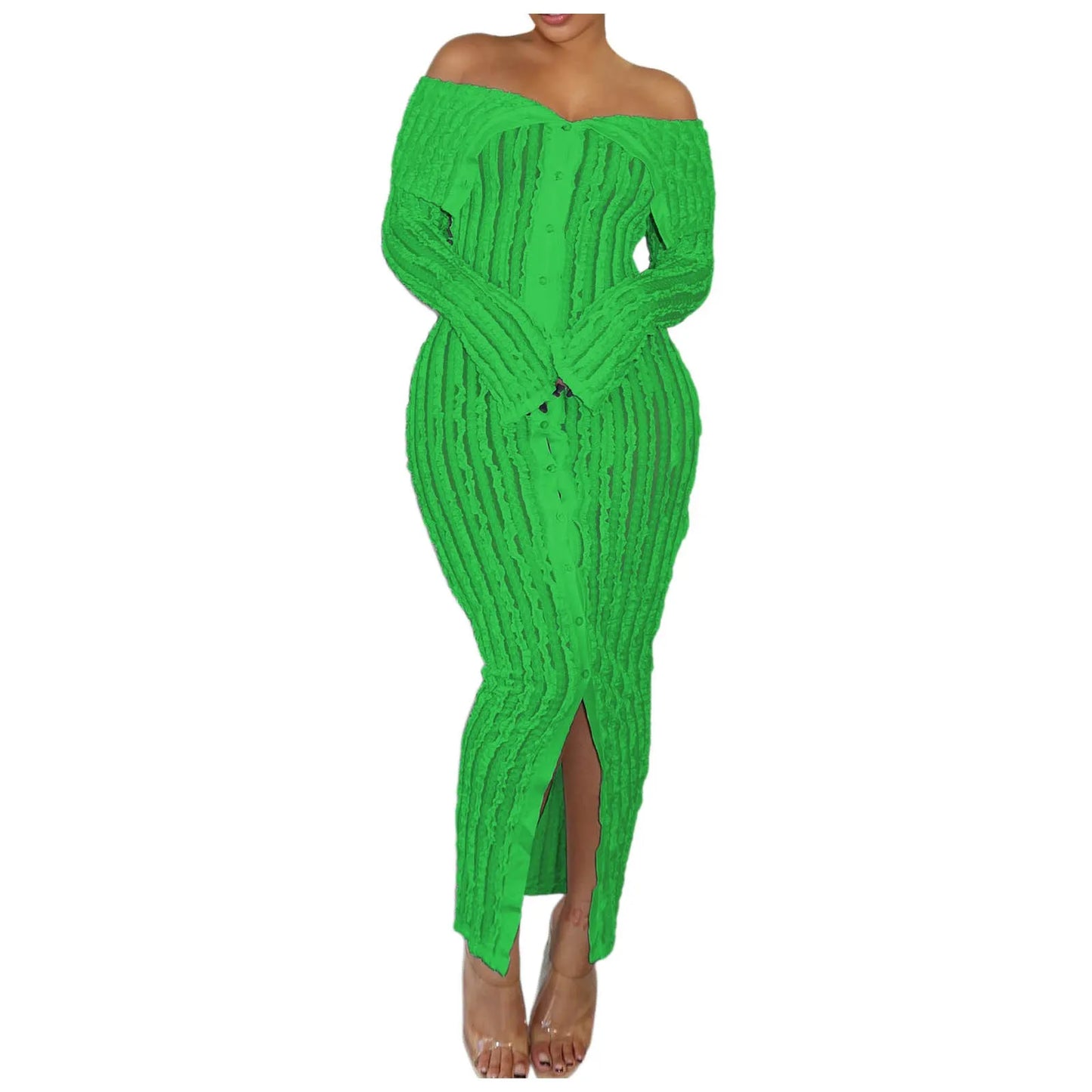 Elegant Off-Shoulder Maxi Dress – Long Sleeve Button-Down Holiday Outfit