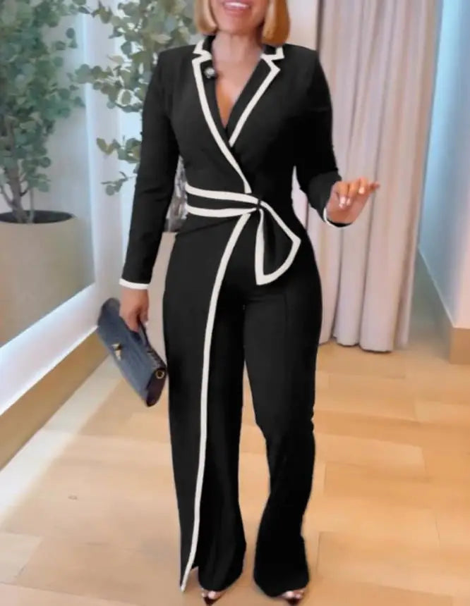 Black Collared White Piping Belted Jumpsuit