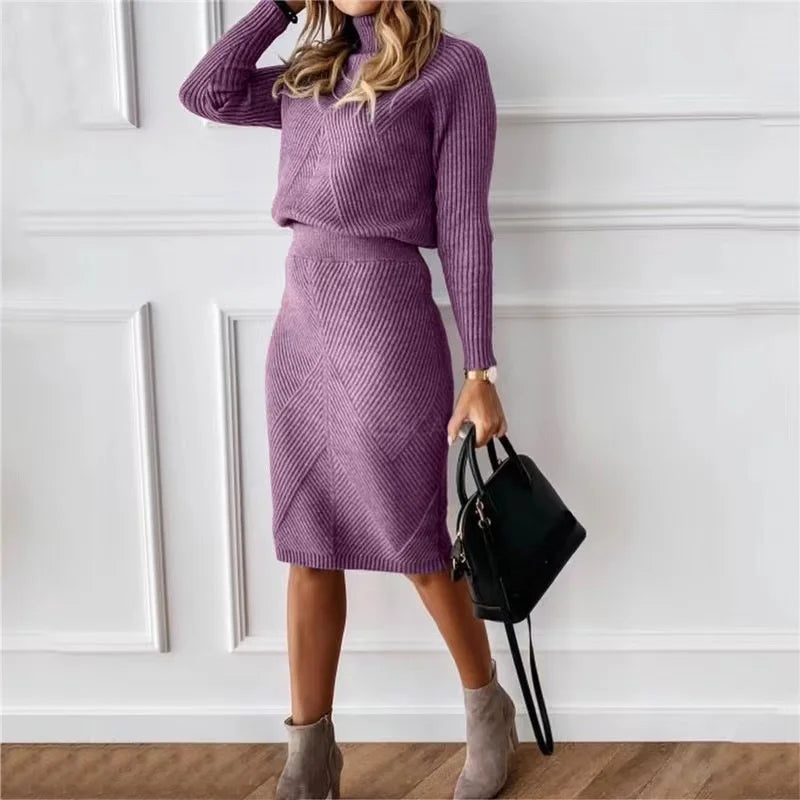 Turtleneck Pullover Sweater Skirt Set