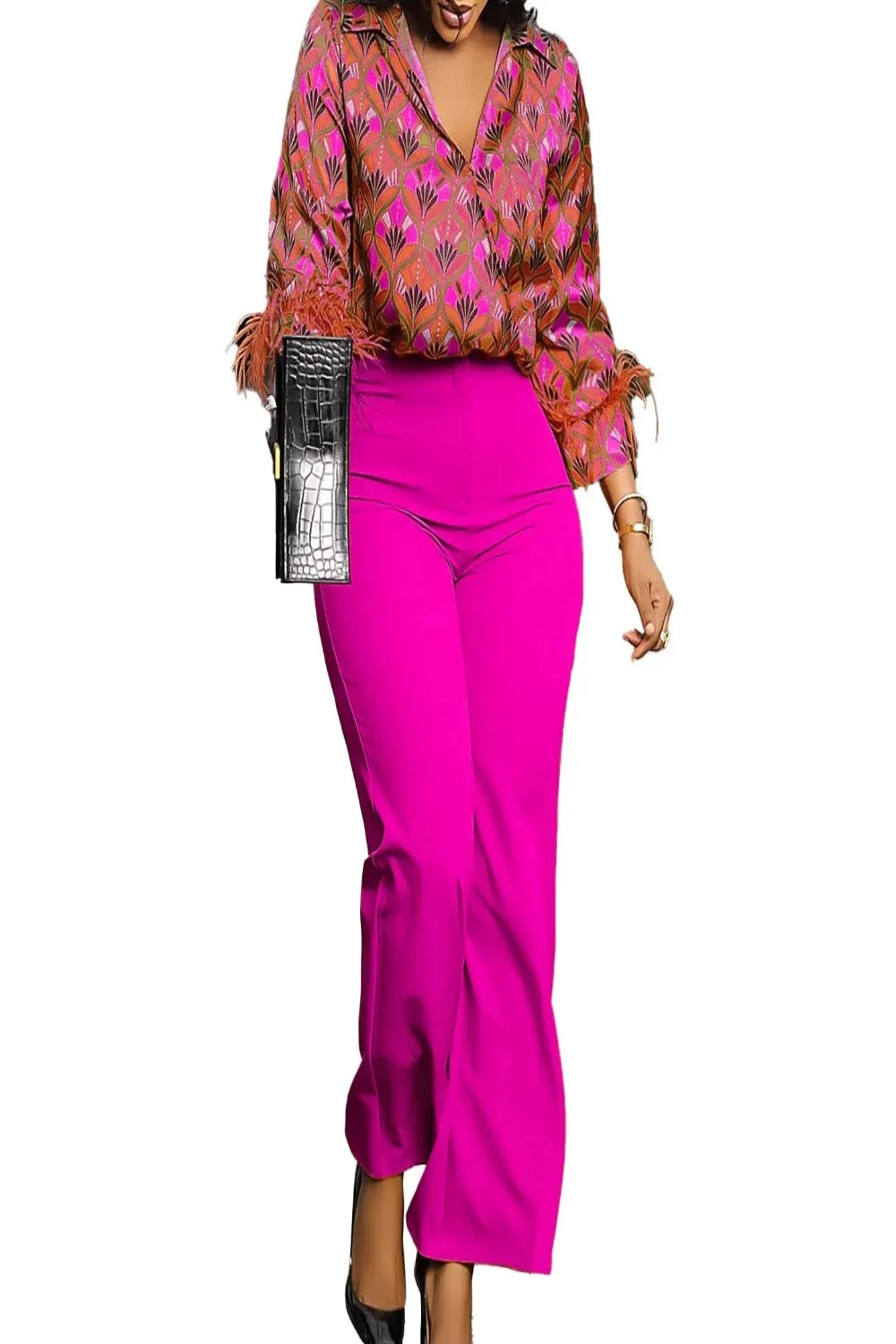 Satin Printed Blouse and Wide Leg Pants Set Toshe Women's Fashions