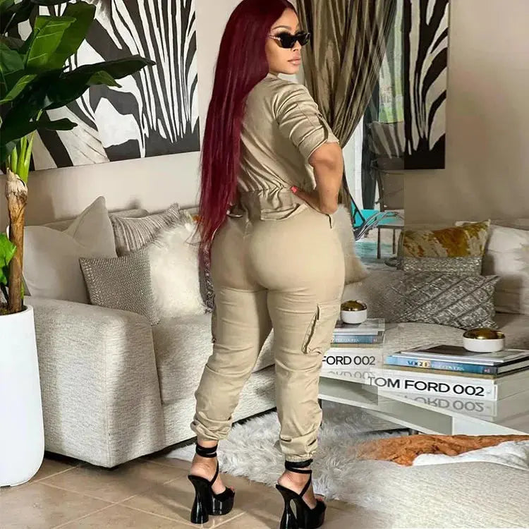 Tight Waist Jumpsuits Women Work Overalls Casual Half Sleeve One Piece Pocket Long Cargo Pants Rompers Long aliexpress