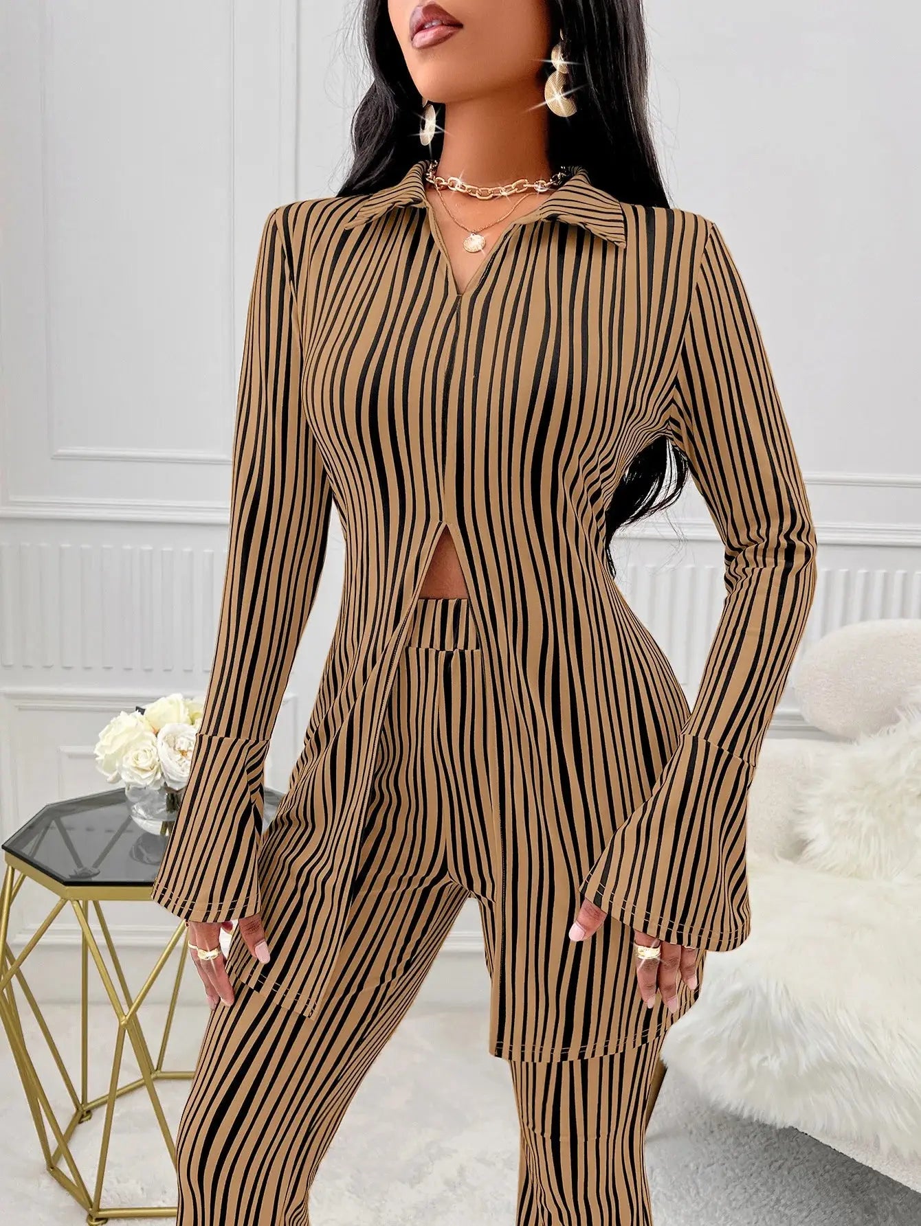 2 Piece Set Long Sleeve Striped Shirts High Waist Pants Matching Set 2024 Autumn Streetwear Office Lady Outfits aliexpress