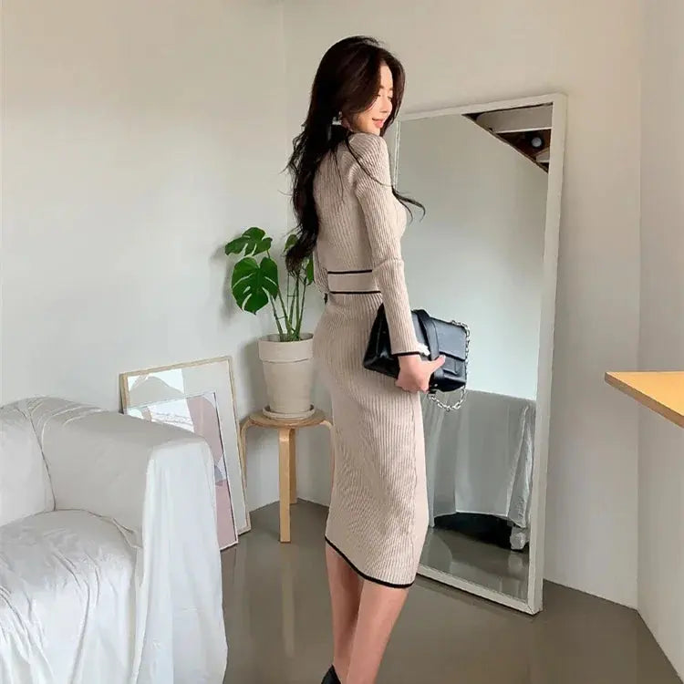 Knitted Bodycon Dress  Autumn Winter Half High Collar Lace Up Elegant Sweater Dresses aliexpress