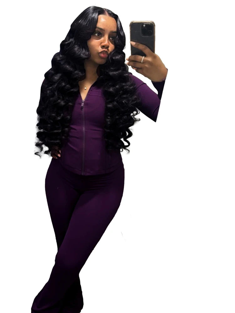 Mock Neck Zipper Fitted Top & Flared Pants Set – Sleek 2-Piece Athletic Lounge Outfit