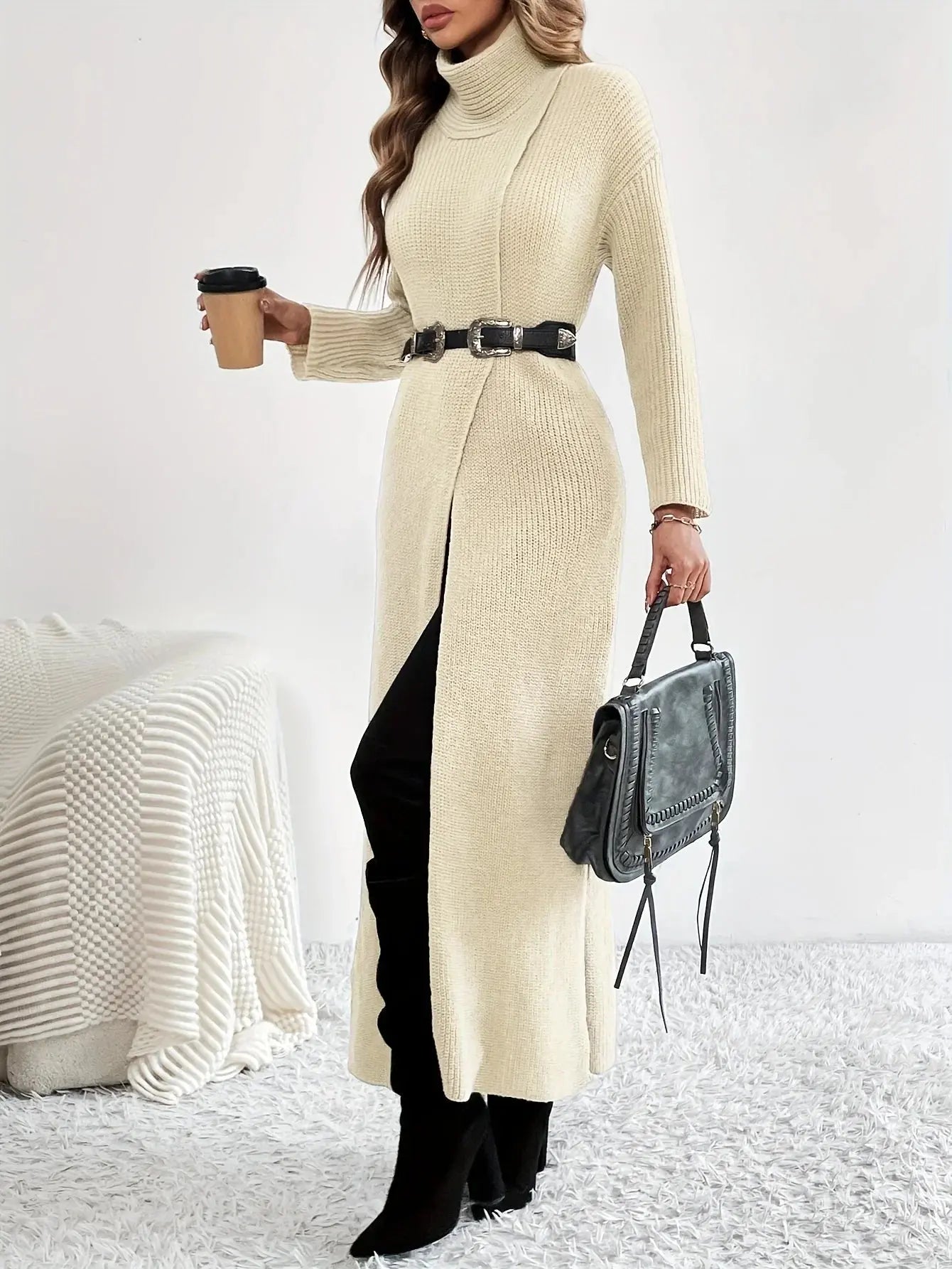 Knit Turtleneck Split Hem Maxi Dress Toshe Women's Fashions