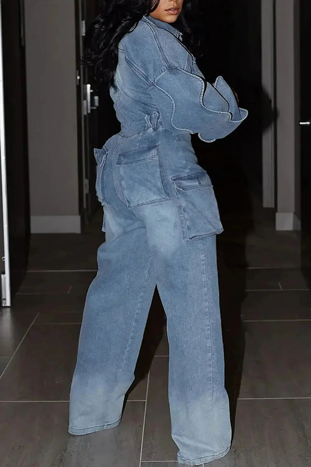 Denim Cargo Puff Sleeve Jumpsuit Toshe Women's Fashions