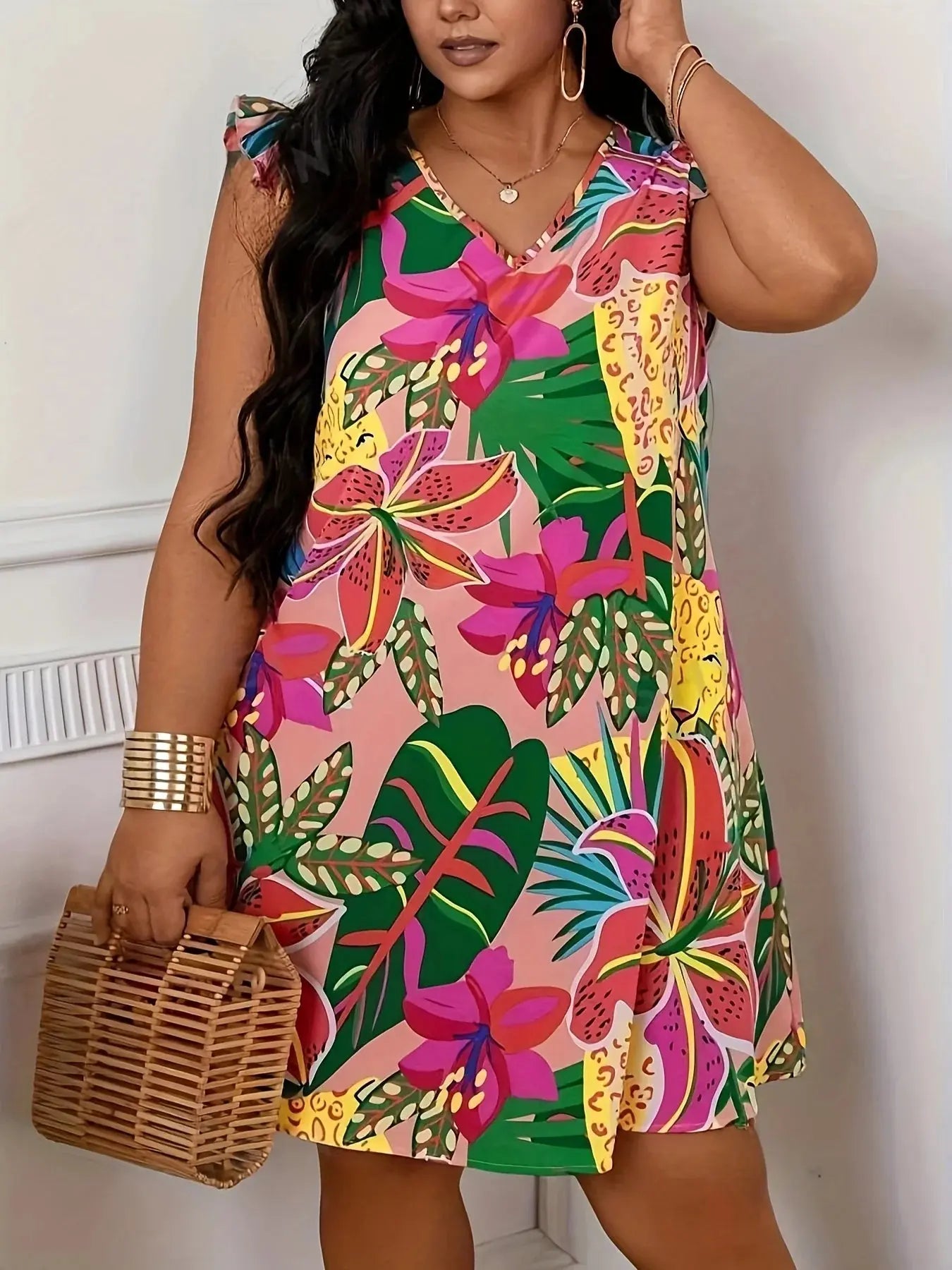 Casual Floral Print V Neck Curve Butterfly Sleeve Dresses Toshe Womens Fashions