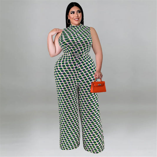 Plaid Print Sleeveless Jumpsuit with Belt - Toshe Women's Fashions