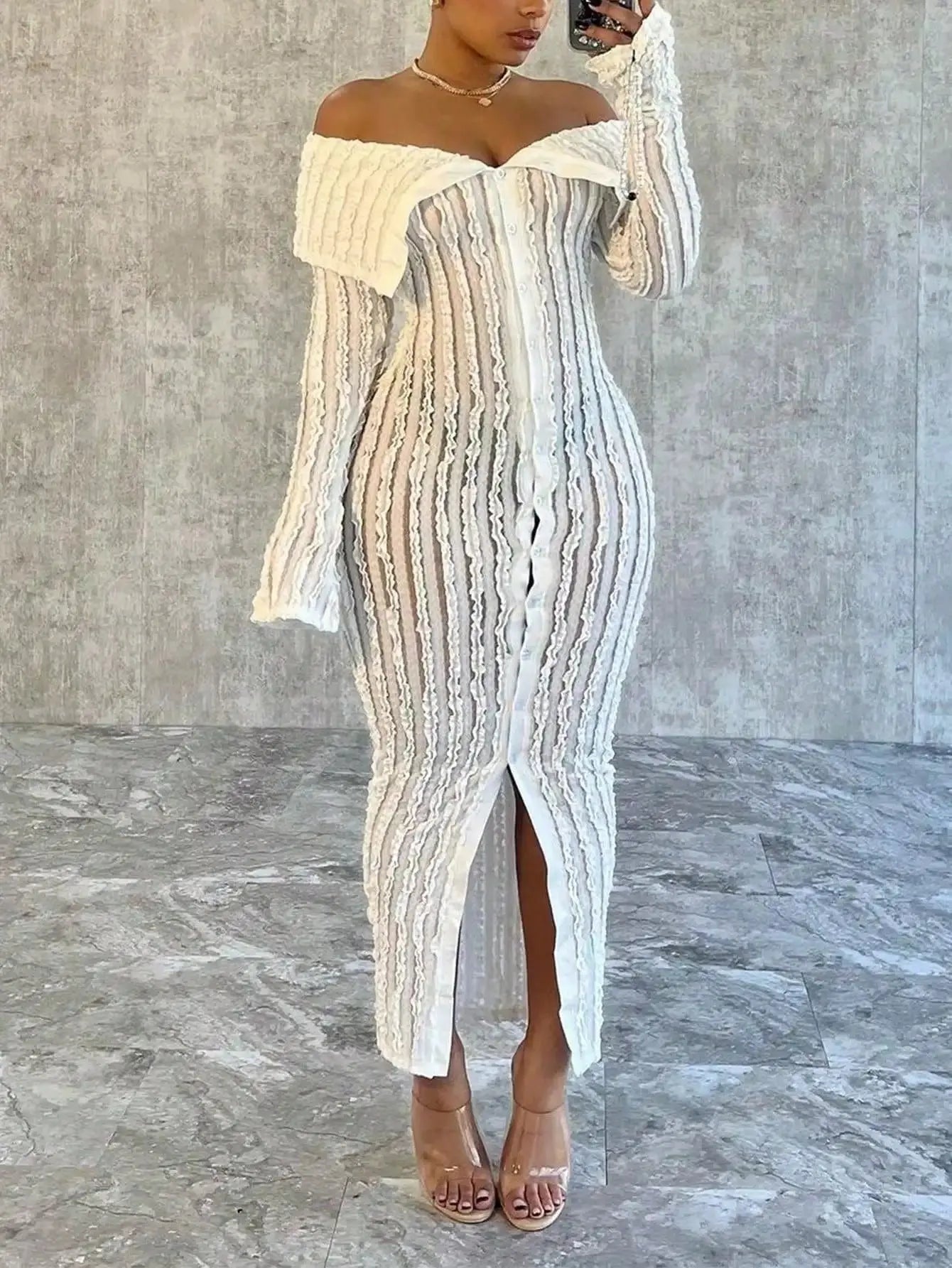 Women Elegant Off Shoulder Dress Long Sleeve Button Down High Split Bodycon Dress Prom Evening Party Toshe Women's Fashions