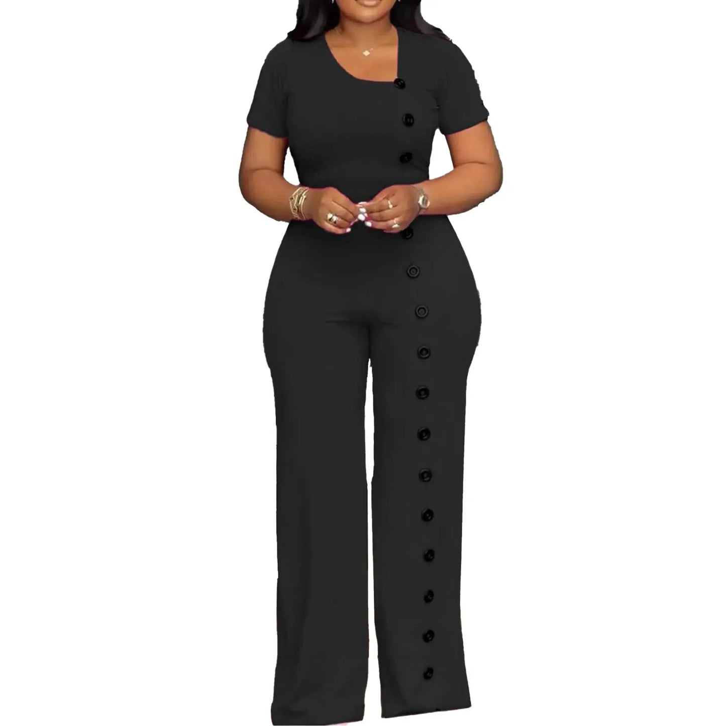 Irregular Collar Buttoned Front Wide Leg Jumpsuit Toshe Women's Fashions