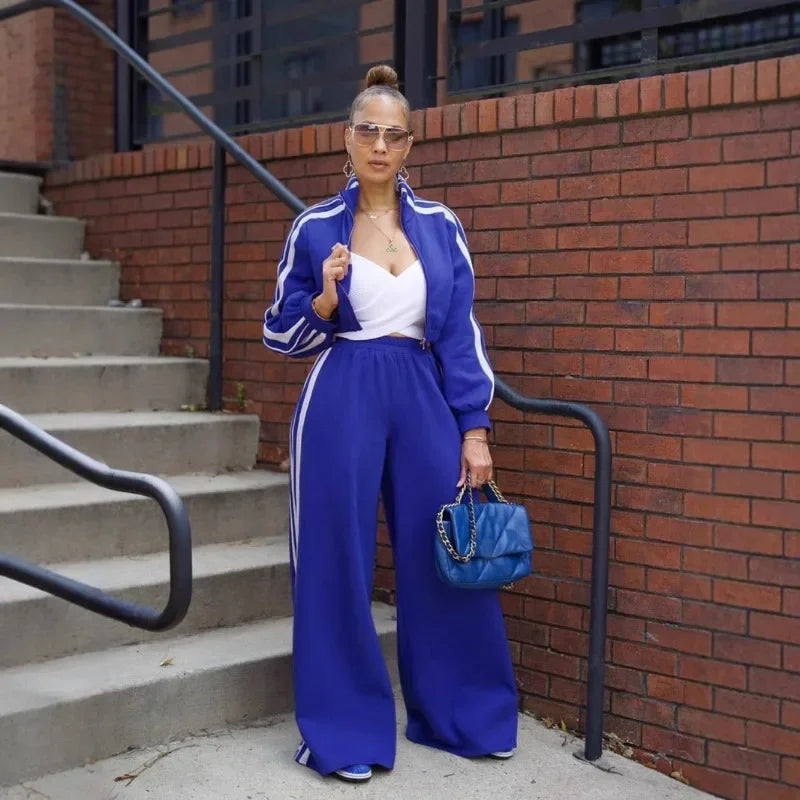 Side Striped Zipper Jacket Top and Wide Leg Joggers Set