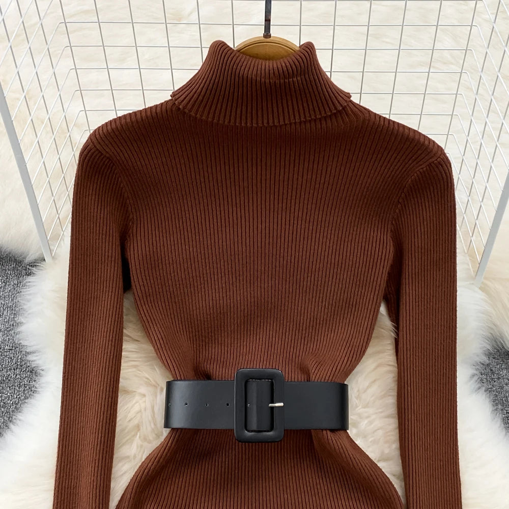 Knitted Turtleneck Sweater Bodycon Dress with Belt