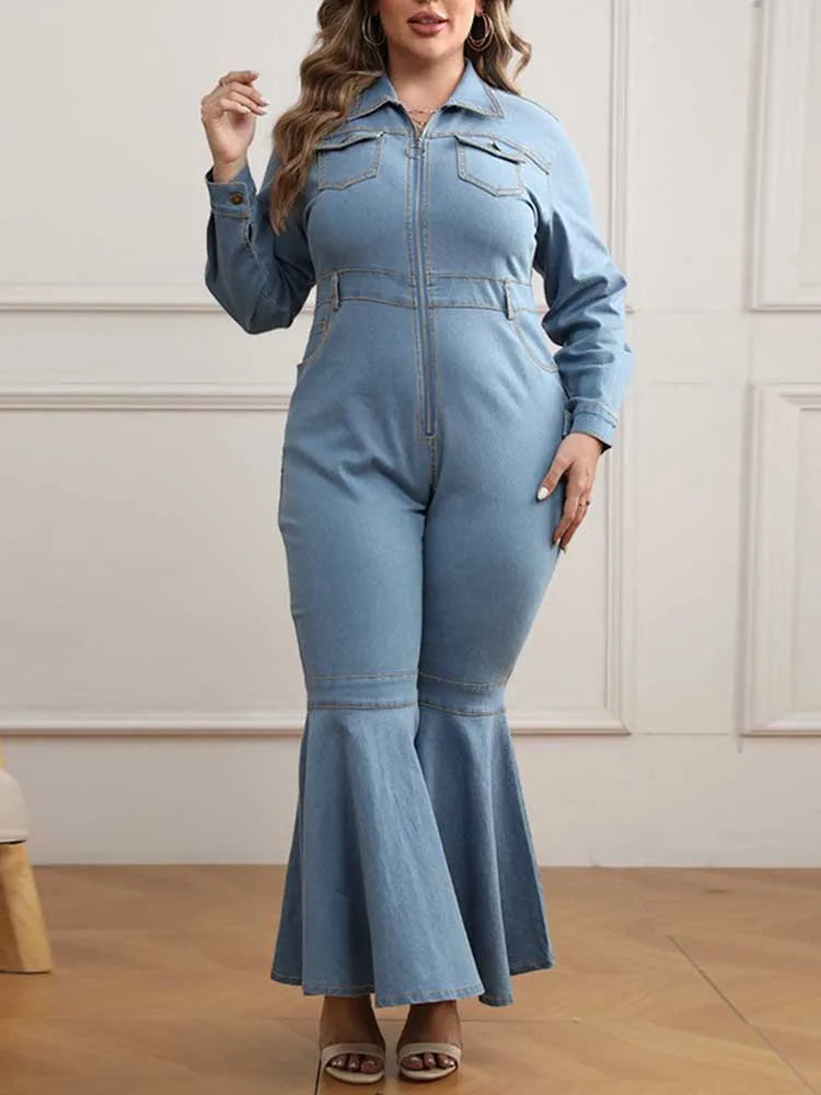 Denim Flare Stretchy with Zipper Jumpsuit