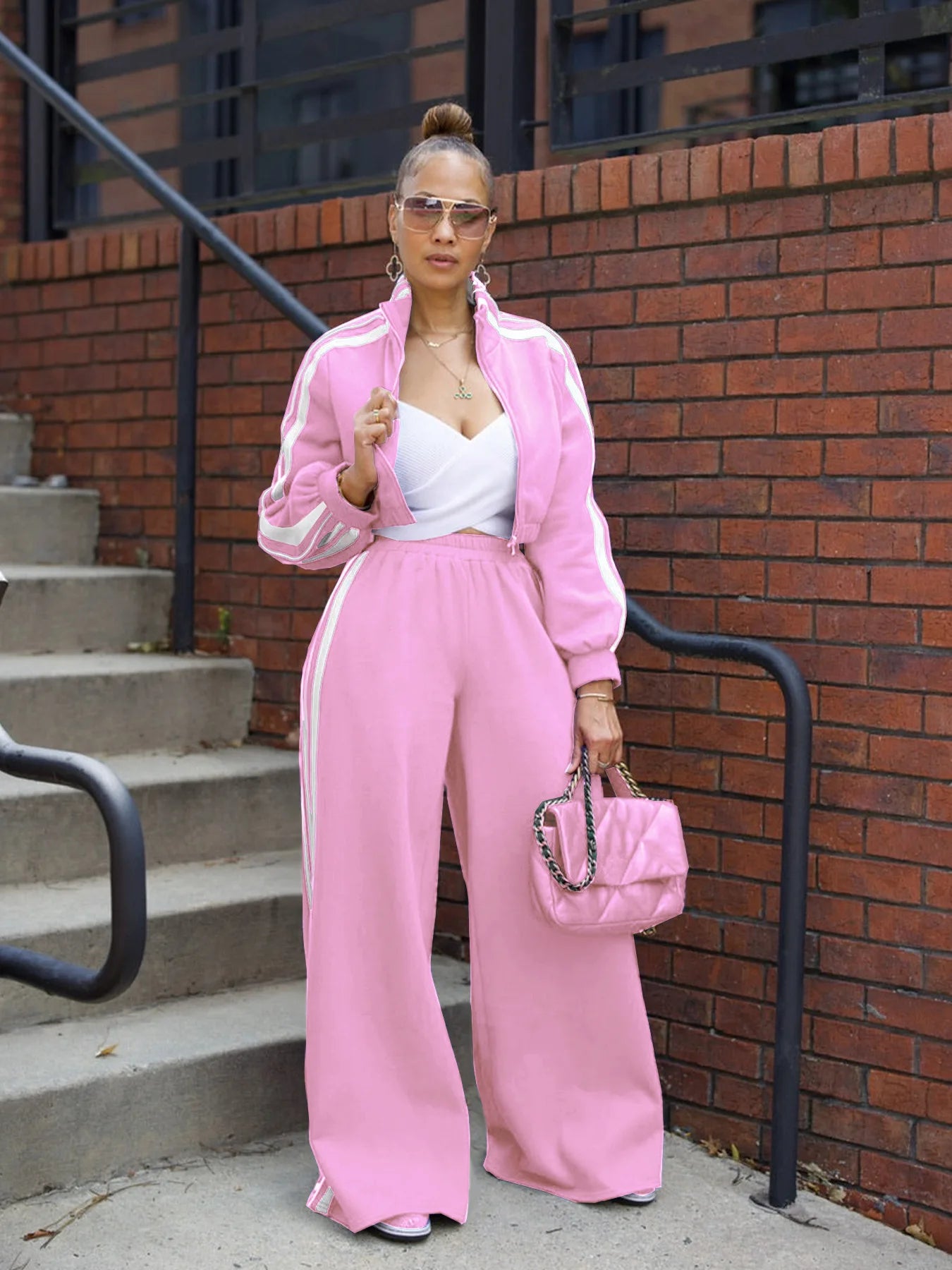 Striped Cropped Sweatshirt & Straight Pants Set