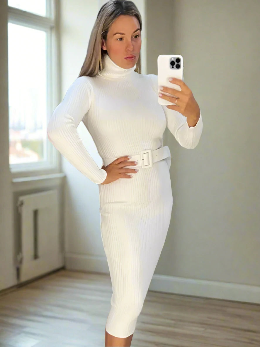 Knitted Turtleneck Sweater Bodycon Dress With Belt Toshe Women's Fashions